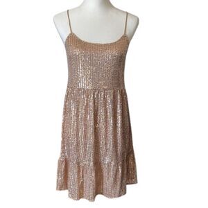 Umgee Mini Sequin Babydoll Dress Small Strappy Shimmery Girly Fairy Lined Peach
